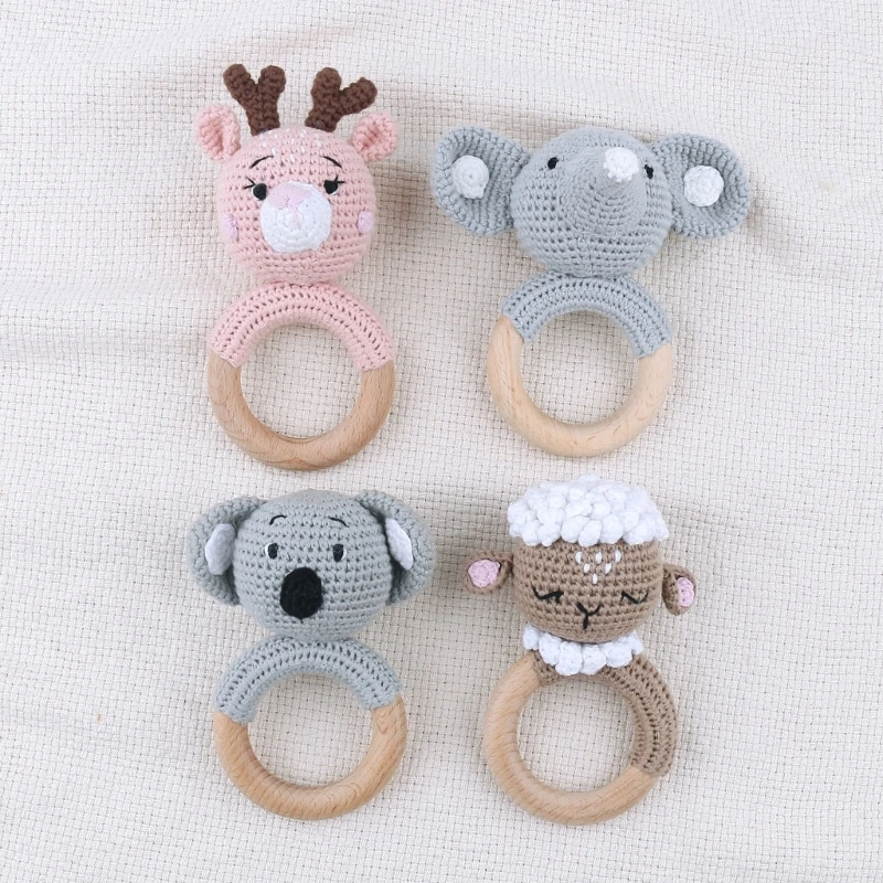 아기 숲 친구를위한 크로 셰 뜨개질 Teether 장난감 딸랑이 수제 Amigurumi 크로 셰 뜨개질 토끼 팬더-천연 나무- 젖니가 남 D5QA