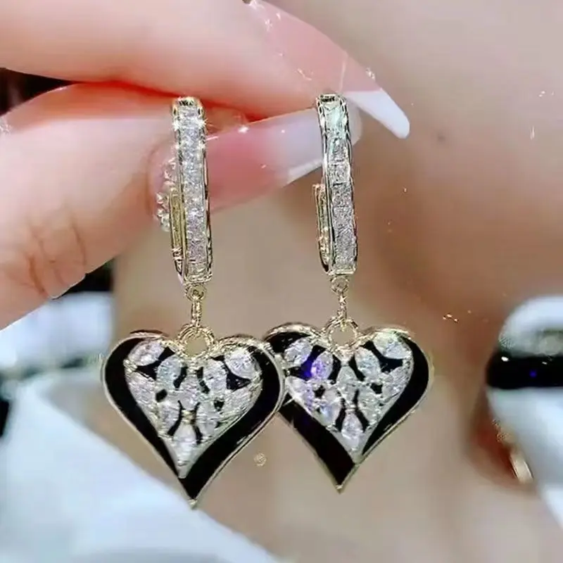 New Drop Glaze Black Love Zircon Double-layer Pendant Earrings For Women luxury Daily Aaccessories Party Jewelry Birthday Gifts