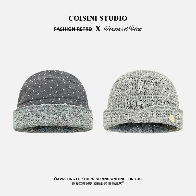 Korean Vintage Double-sided Wearing Knitted Pullover Hats for Women Spring Autumn Street Leisure Versatile Sweet Star Beanies