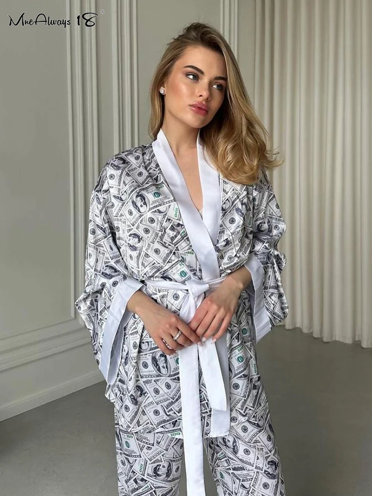 Mnealways18 Elegant Womens Satin Printing Sleepwear Outfits Robe Lace-Up And Wide Legs Pants Homewear Ladies Sets Autumn Winter