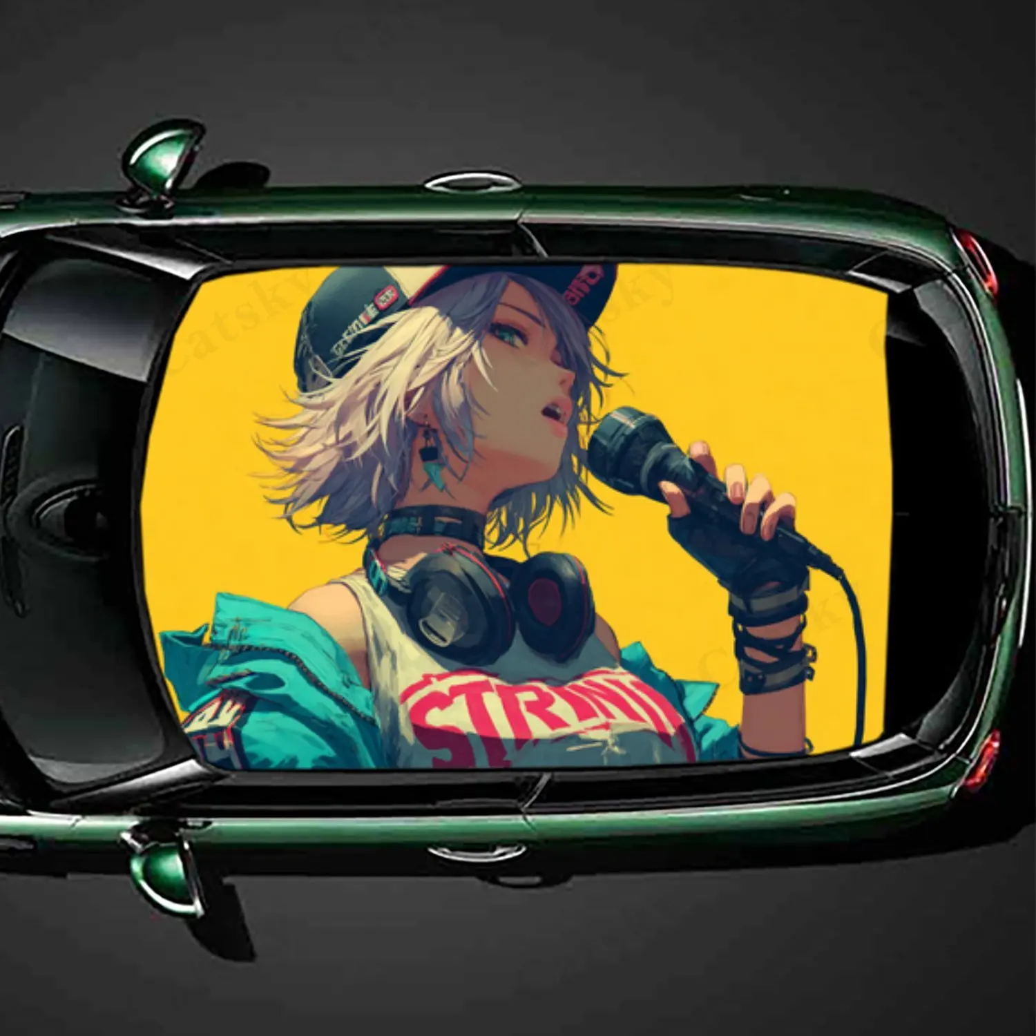 

Художественная живая аниме-девушка с музыкой. Виниловые обертывания на крыше автомобиля водонепроницаемыми и самоклеющимися. Они есть поверхность - защита фу