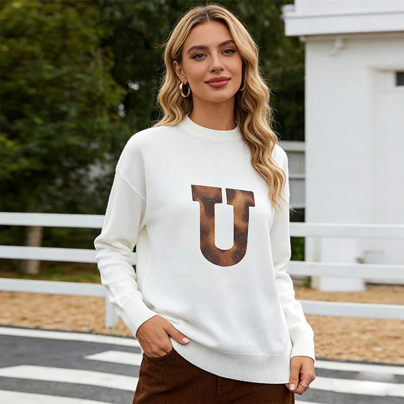 

Y2K свободный свитер, топы с длинными рукавами, 26 букв, зимний графический винтажный леопардовый узор, модный пуловер с буквенным принтом, уличная одежда