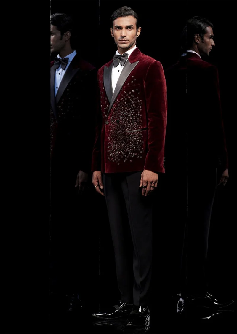 

Burgundy Crystals Men Suits Set 2 Pcs Blazer+Cotton Pant Trousers Wedding Tuxedo Formal Office Business Groom Jacket Coat