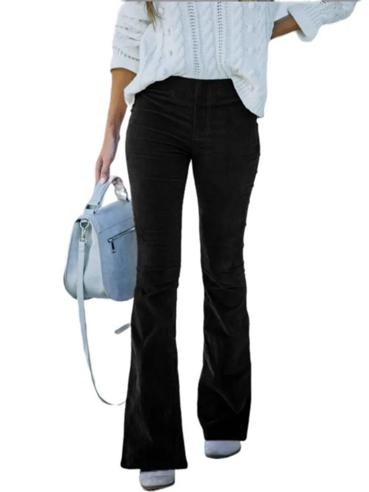 Spring Autumn Solid Color High Waist Slim Micro Flared Pants Women's Corduroy Elastic Waist Casual Long Pants Office Lady Pants