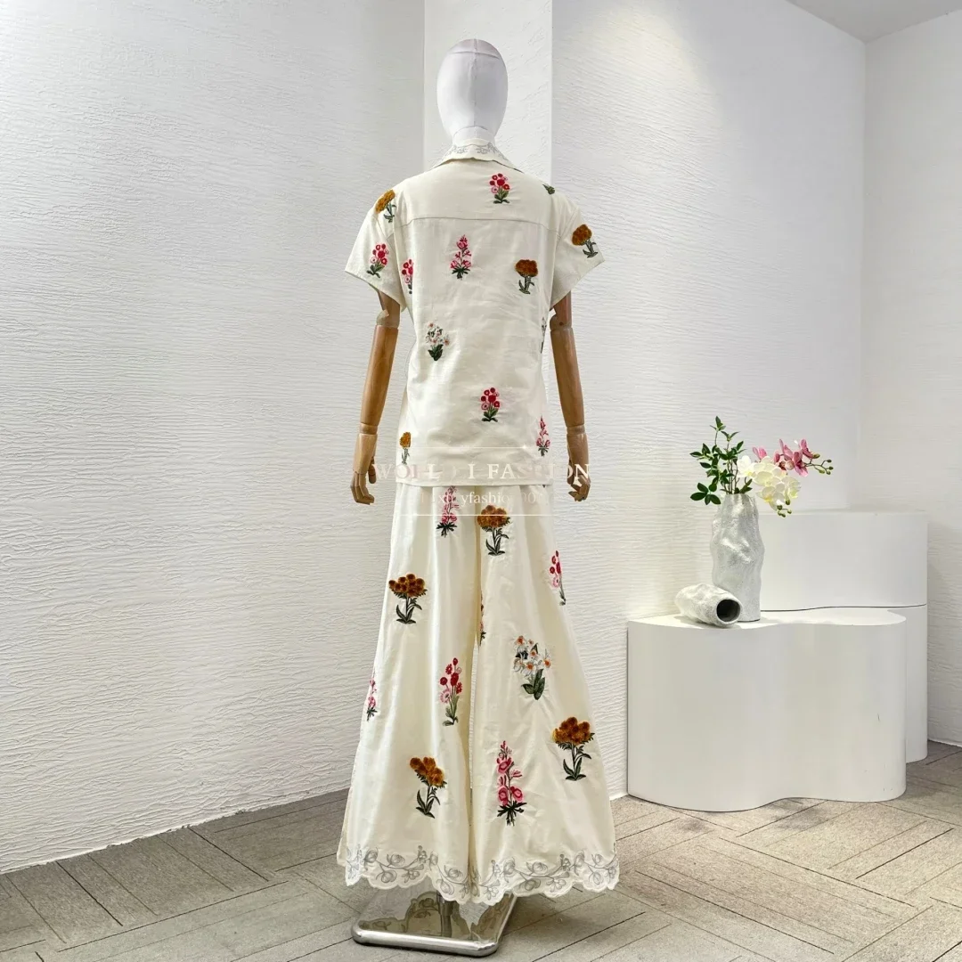 Beige Short Sleeve Embroidery Floral Blouse and Pants Set 2025