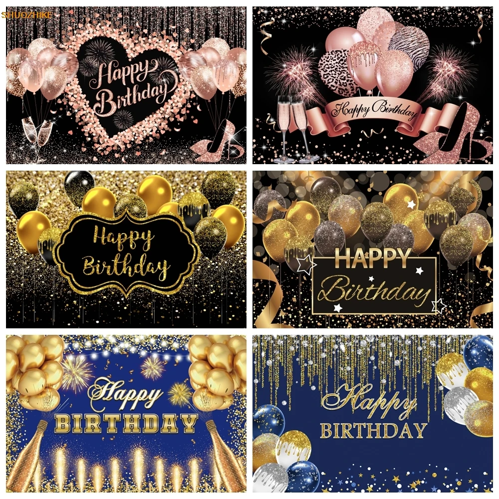 

Gold Black Balloons Backdrop For Women Men Boys Girls Happy Birthday Celebration Cake Family Photo Background Photography Decor
