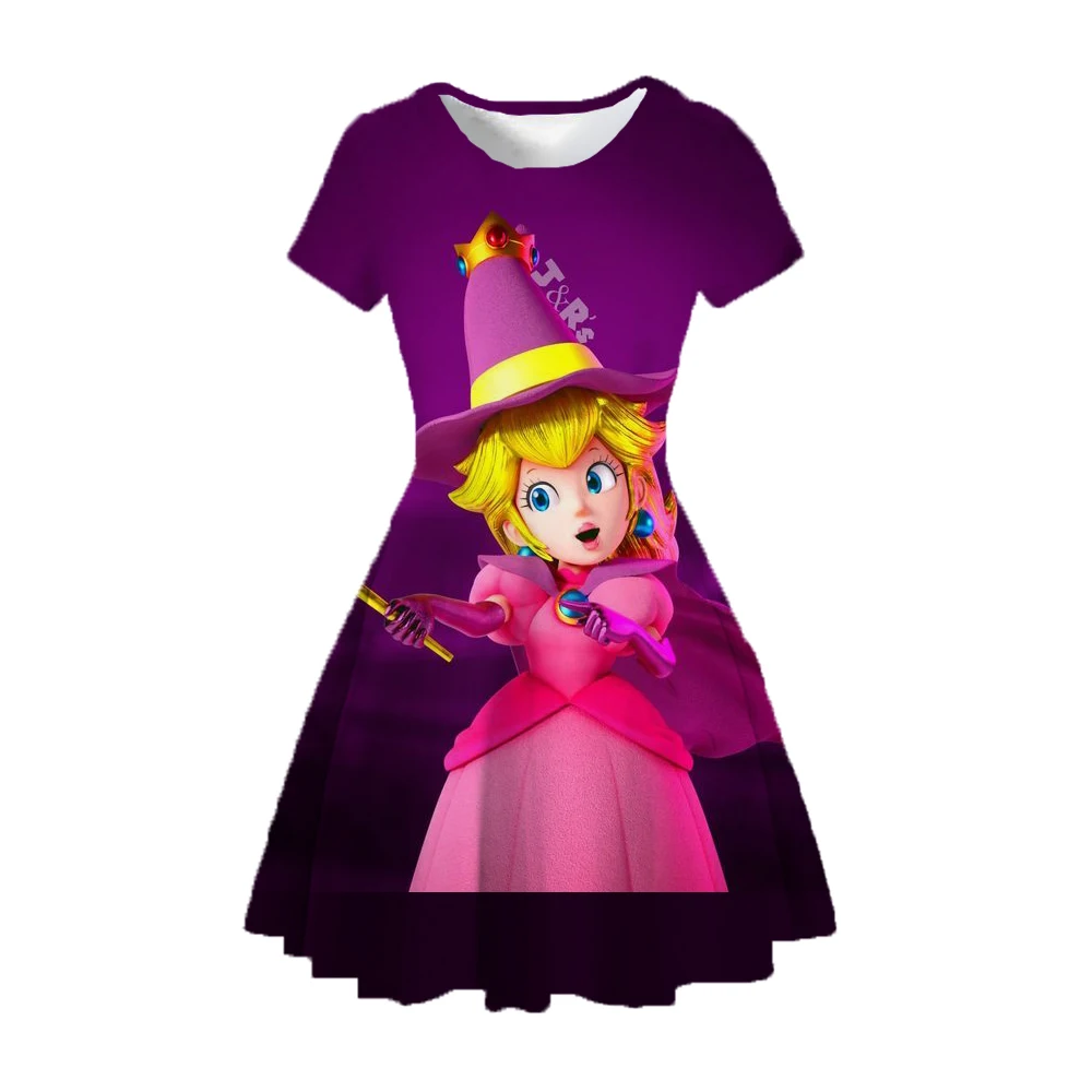 New Summer Children\'s Clothing Peach Princess Print Girls Casual Cartoon Character Christmas Dress 1-14 Years Old 2024