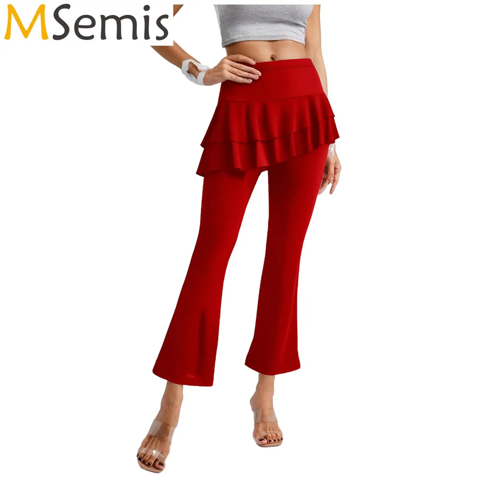 

Womens Square Latin Ballroom Chacha Dance Culottes Skorts Pants Leg Pants with Tiered Slant Hem Skirt Performance Costume