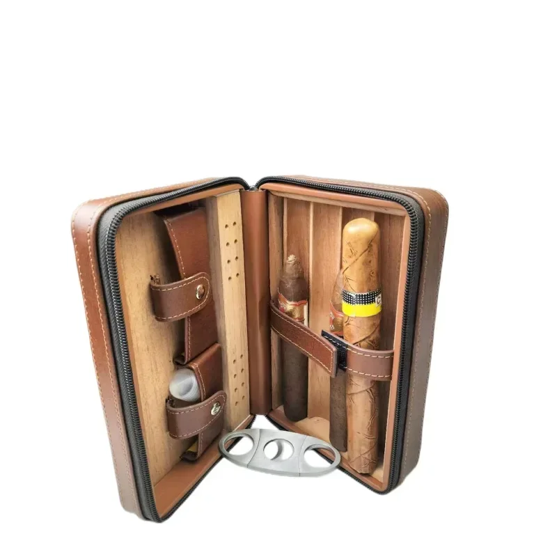 Classic Leather Cigar Case Portable humidor holder Cedar Wood box  (no lighter cutter)