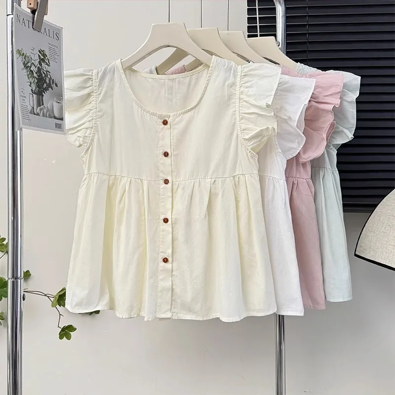 

Pure Cotton Sweet Little Fly Sve Single Button round Ne irt Women Summer Anti-Aging Faion Pleated Loose Hem Doll irt
