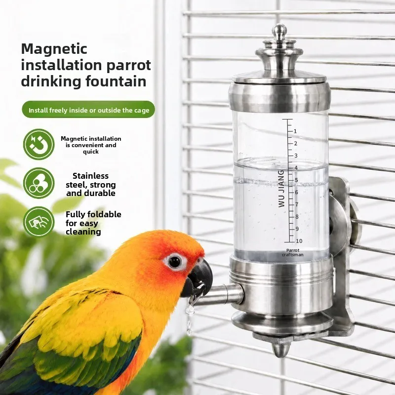 Stainless Steel Cockatiel Bird Nipple Waterer Automatic Magnetic Drinking Dispenser No Spill Pet Water Feeder Hanging Drink Cup
