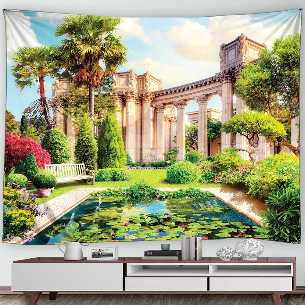 European Garden Wall Hanging Tapestry Balcony Flowers Island Green Vine Sea Scenery Greek Home Decoration Mediterranean Tapestry