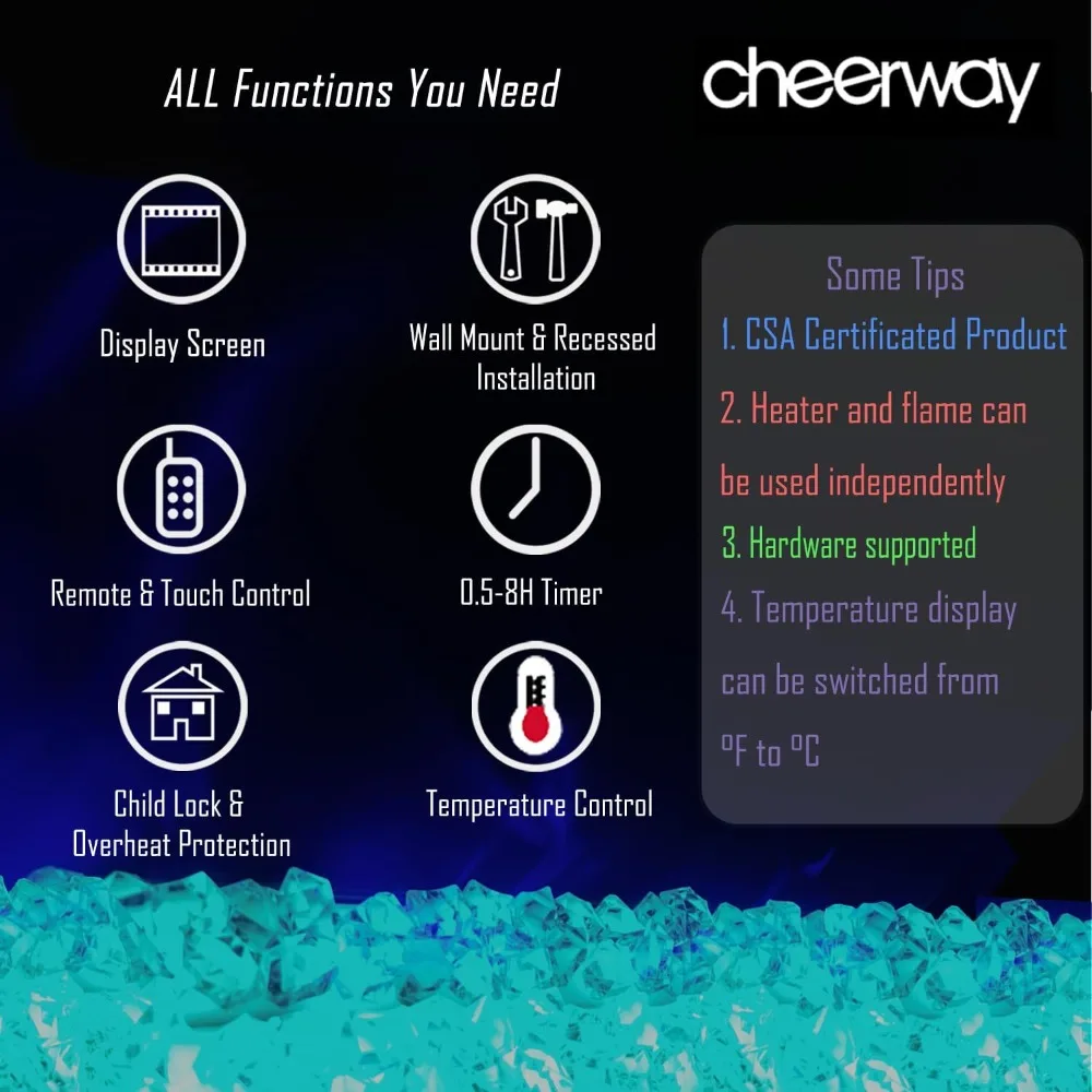 Electric Fireplace 36 Inch Wall Mount Heater with Remote and Touch Control, Recessed Insert Design for Home