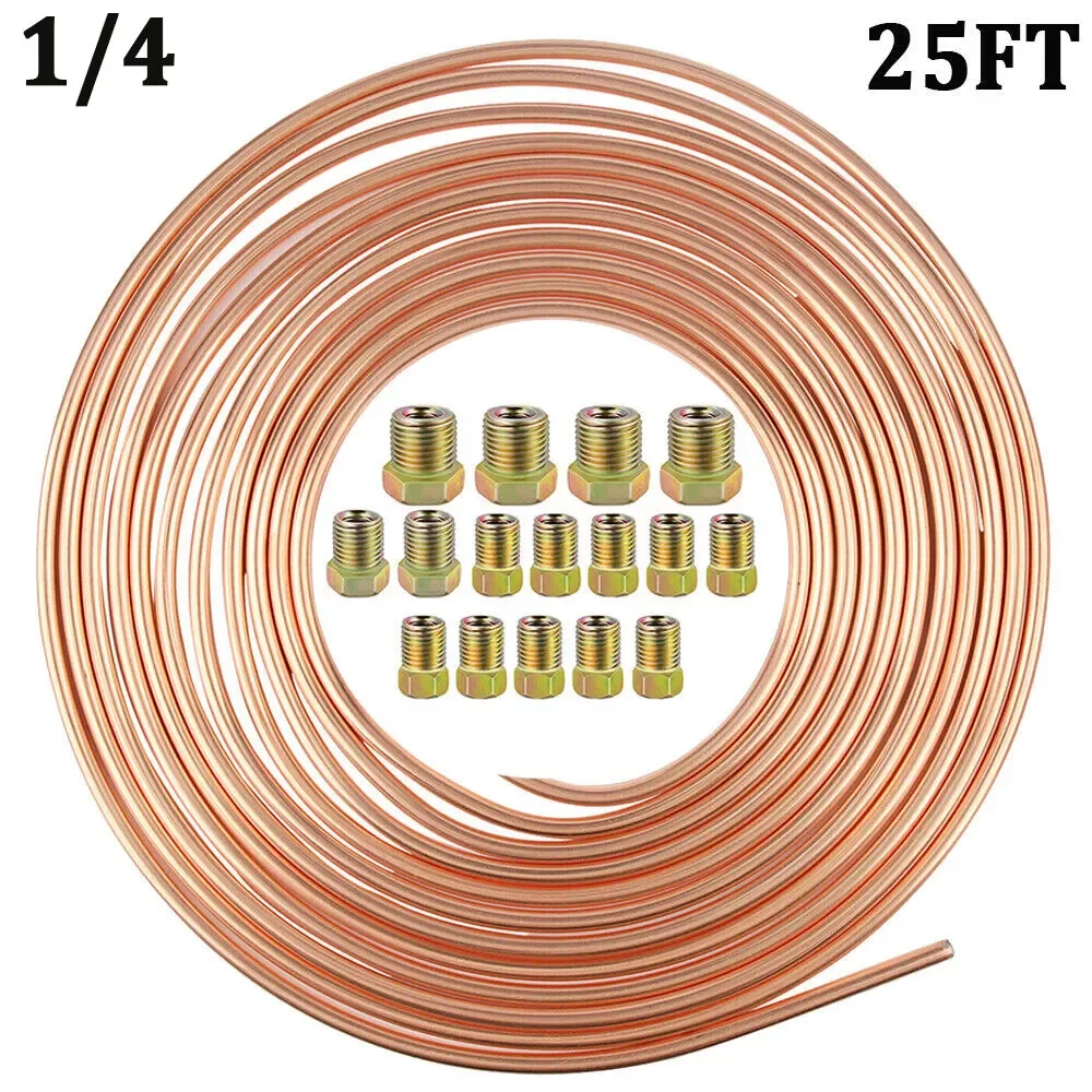 Brake Line Tubing Kit Copper Nickel 25 Ft Coil Roll 1/4 OD w/ 16 Fittings