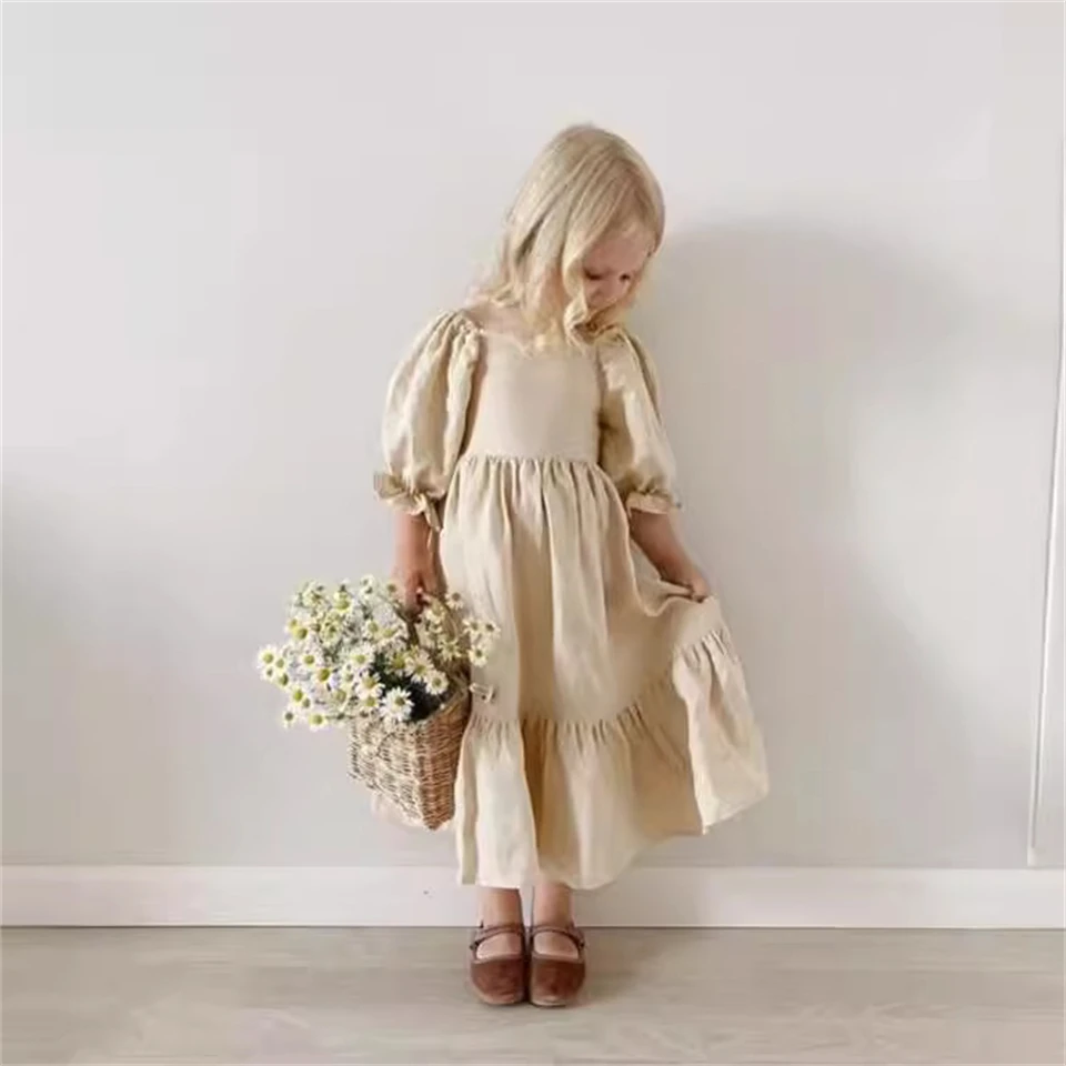 

2024 ins European and American summer girls slub cotton linen British back adjustment bubble sleeve princess dress Girls Clothes