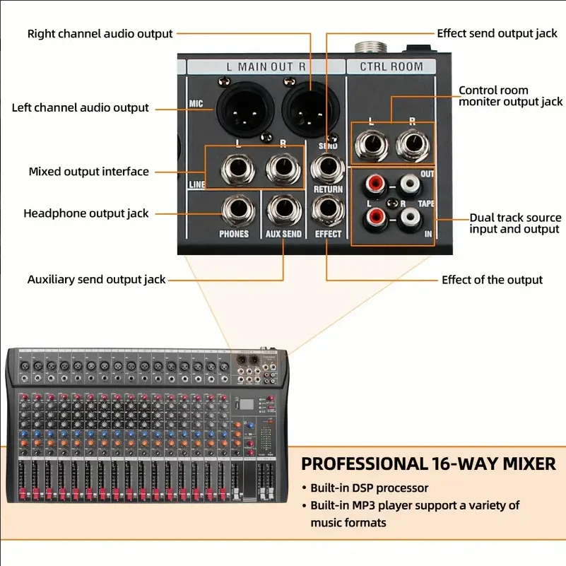 CT-16 16 Channels Audio Sound Mixer Digital Console Interface Console Mixing DJ Console USB with 48V Phantom Power