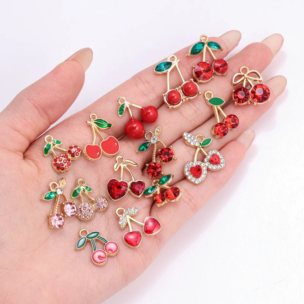 10 Stück bezaubernde Kristall-Kirsch-Anhänger für Obst, baumelnde Ohrringe, Schmuckzubehör, DIY-Halskette, Armband, handgefertigtes Bastelzubehör