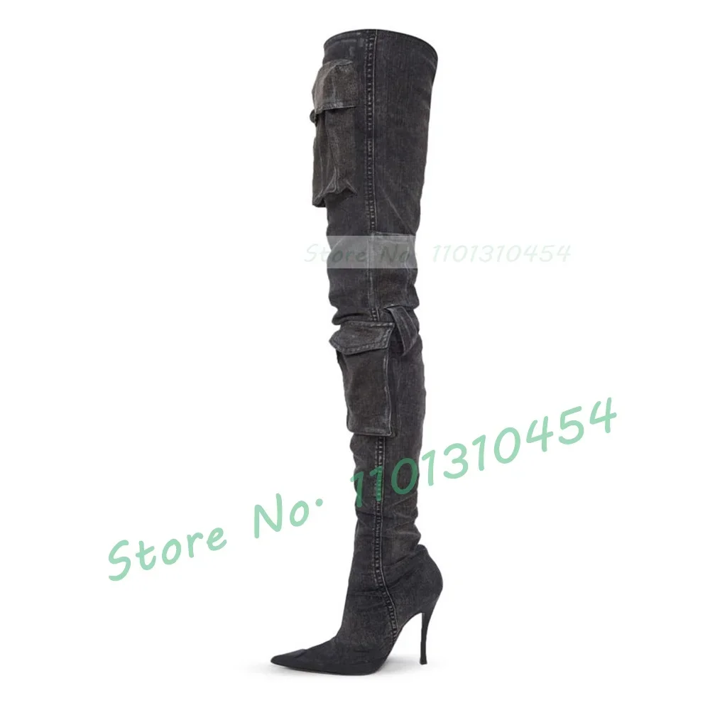 Black Denim Long Boots With Pocket Women Stylish Zipper Decor High Heels Over The Knee Shoes Ladies Pointy Toe Slim Sewing Boots