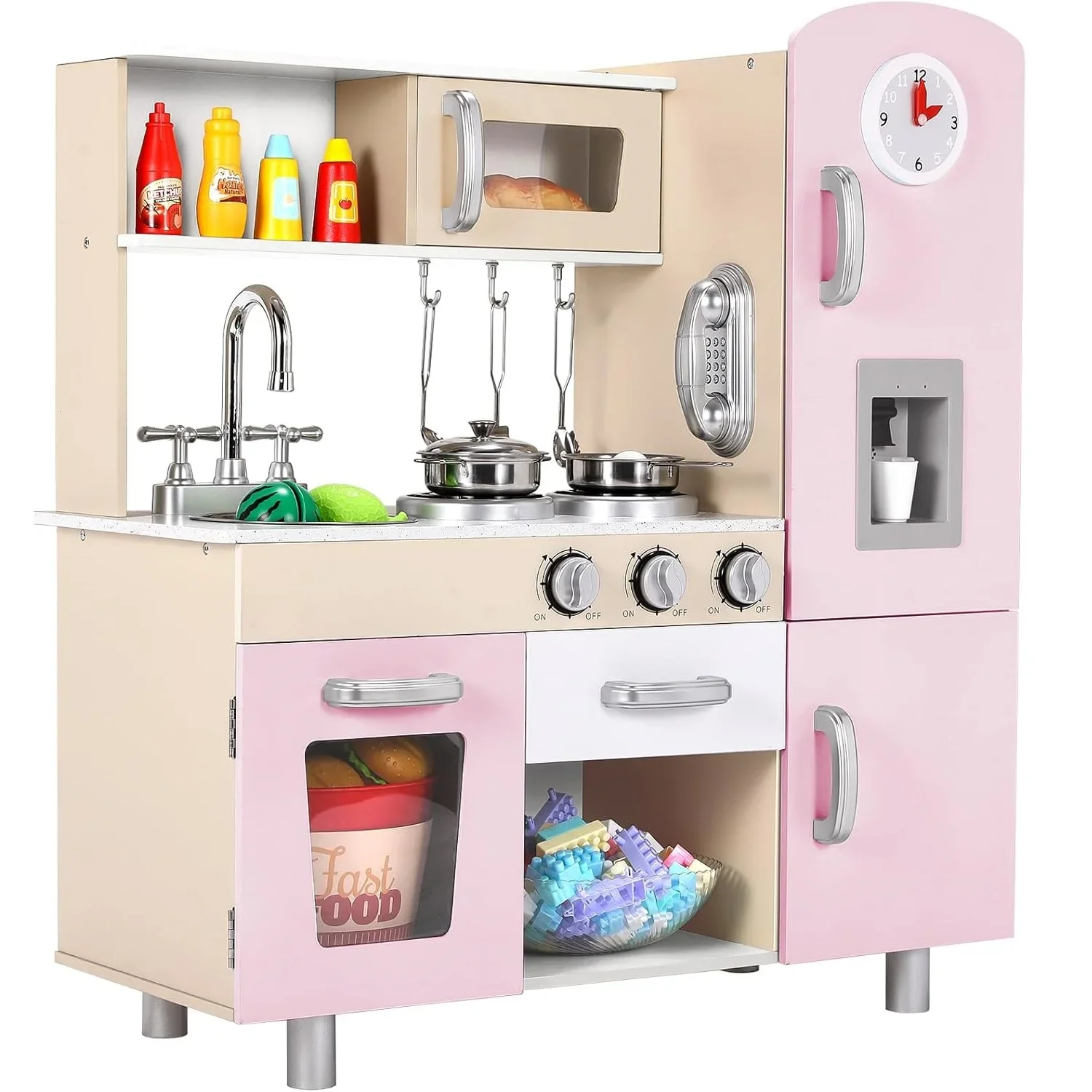 Wooden Play Kitchen Set Pretend Play Kitchen with Lights and Sounds for Kids Ages 3+, Includes Stove Oven Microwave Coffee Maker