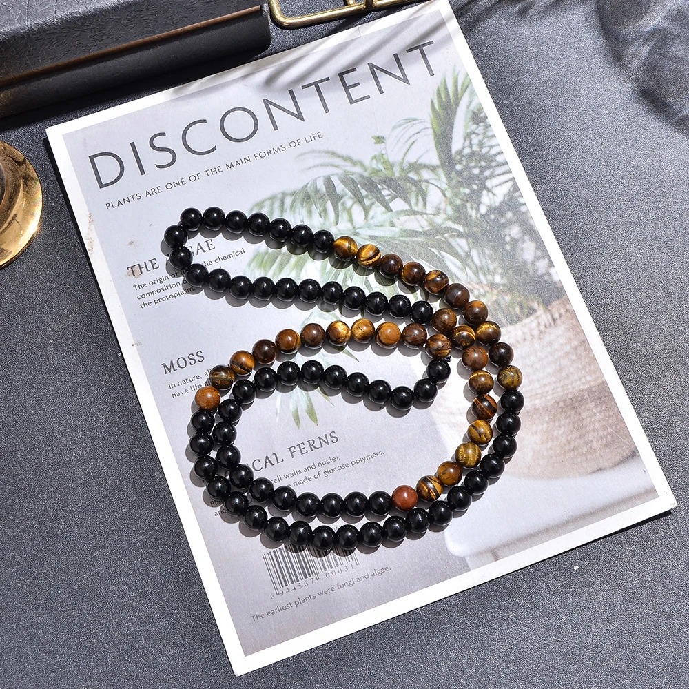 8mm Gelbe Tigerauge Schwarzer Onyx Perlenkette Herren und Damen Choker Lange Halskette Schmuckset – Detail 6