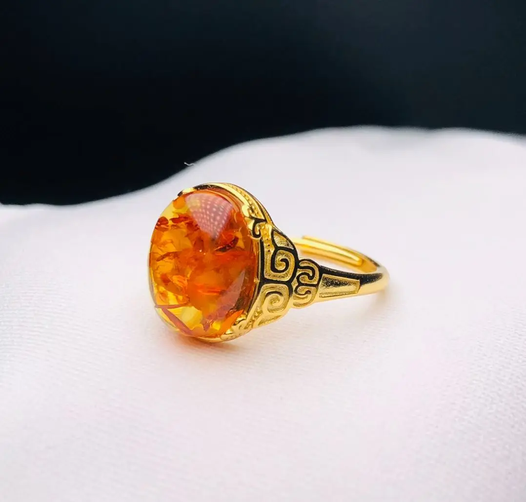Certificated 925 Silver Natural Piebald Floral Amber Chunky Statement Solitaire Ring For Women Men Retail Real Gems Fine Jewelry