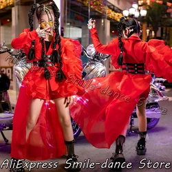 Jazz Hiphop Dancing T-Stage Show Red Tops Skirt Dress Modern Performance Dancer Red Dresses Stage Hip Hop Top Costume