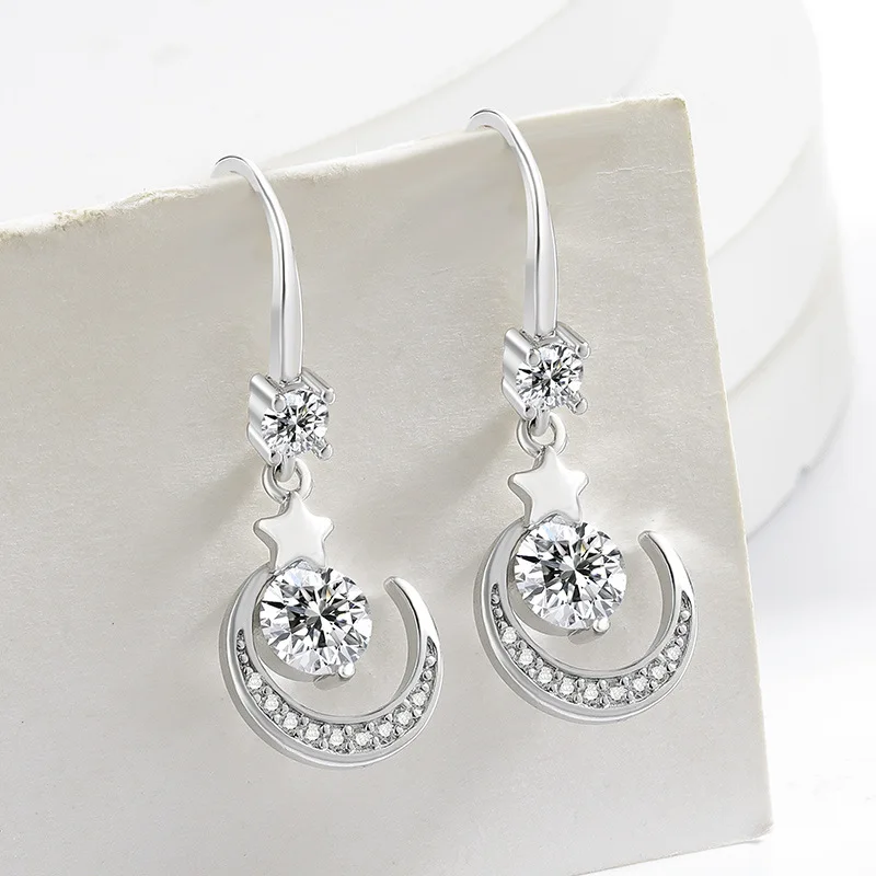 Korean-style star and moon ultra-bright eight-pointed star and arrow wedding earrings, fashionable and elegant engagement jewelr