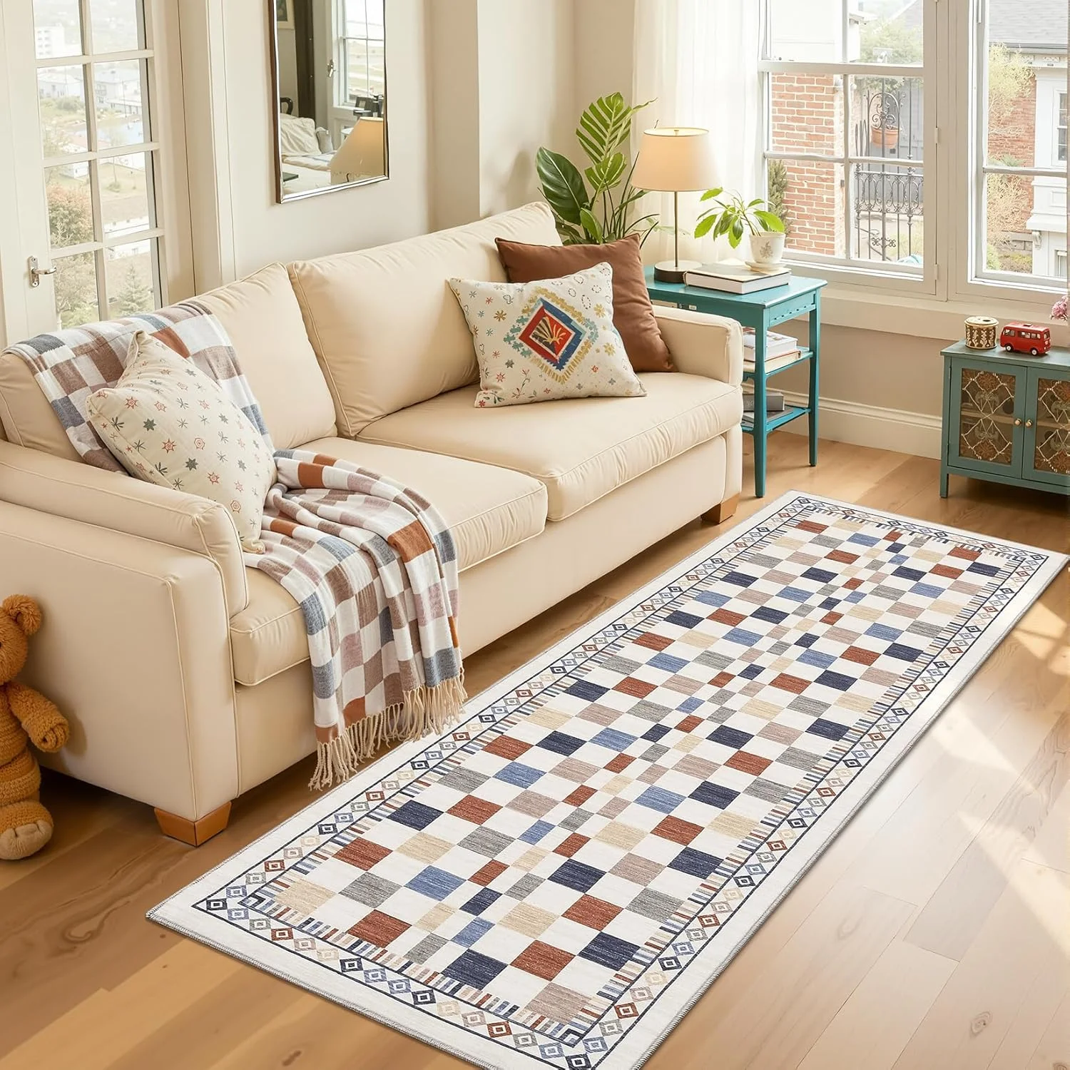 Mid-Century Modern Runner Rug Non-Slip Colorful Geometric Plaid Floor Mat Washable Artistic Decorative Rug for Hallway Decor