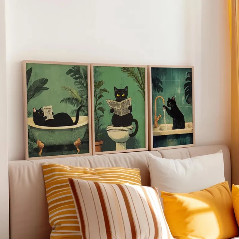 Green Funny Cat Funny Wall Art Bathroom Toilet Art Toilet Poster Modern Trendy Aesthetic Decorative Canvas Painting