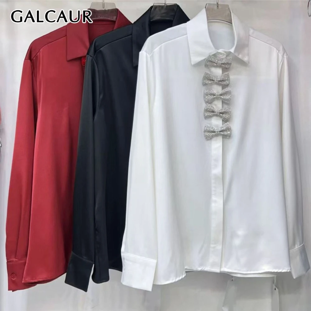 

GALCAUR Solid Spliced 3D Bows Chic Shirt Female Lapel Long Sleeve Loose Commute Design Women's Shirts Autumn Fashion New Style