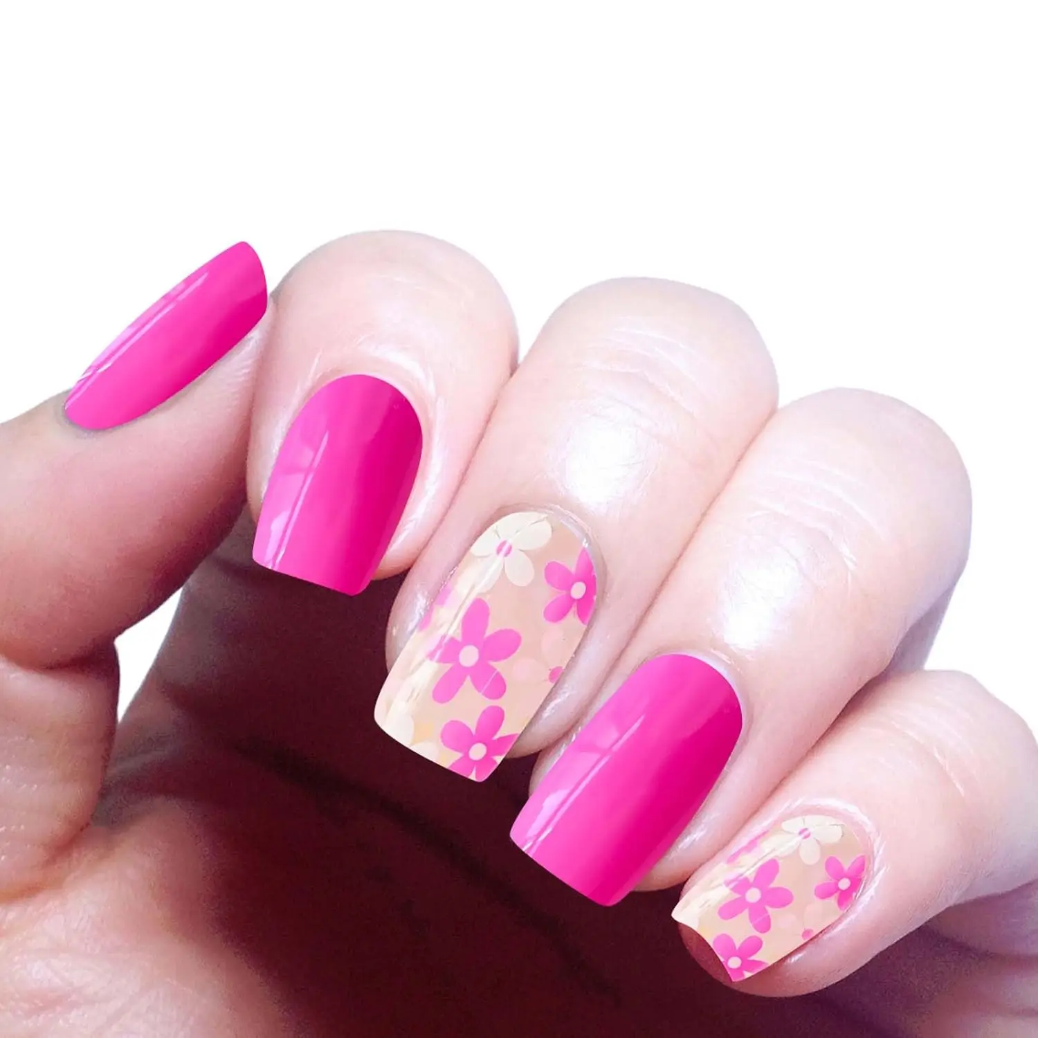 ホットピンクフラワージェルネイルストリップキット、20枚入り、サロン品質の長持ちDIYマニキュア、結婚式やパーティーに（UVランプが必要）