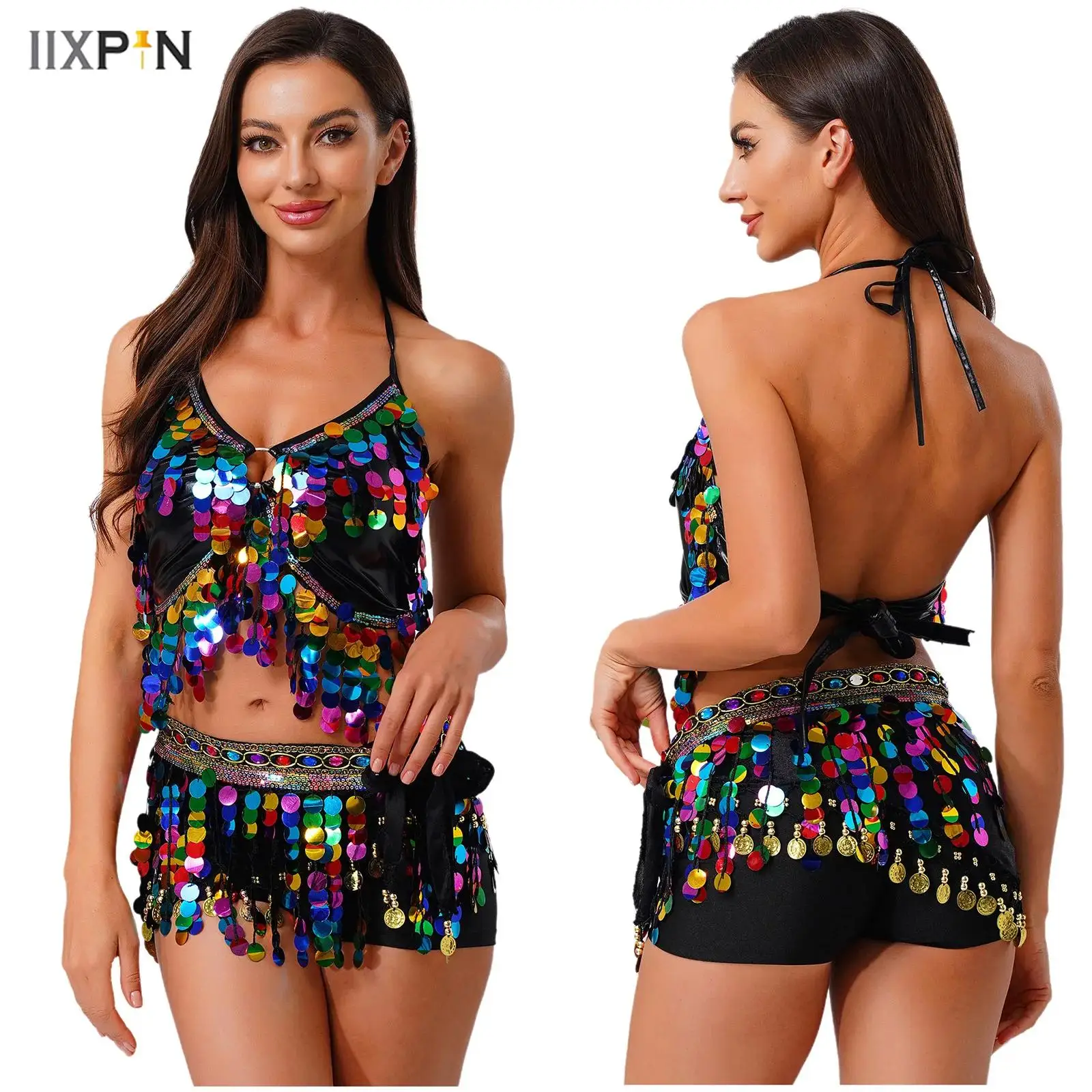 

Women's Belly Dance Costume Glitter Sequin Tassel Fringe Halter Crop Top Colorful Rhinestone Triangle Hip Scarf for Performance