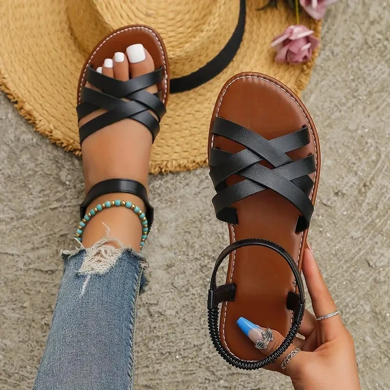 Damen Casual Sandalen 2025 Neue Sommer Vielseitige Mode Römische Schuhe Damen Bequeme Flache Urlaubs-Strandsandalen für Frauen