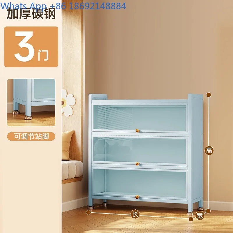 Estante de piso de aço com portas de vidro para sala de estar, armário de exibição à prova de poeira para estatuetas, armário de armazenamento de ferro