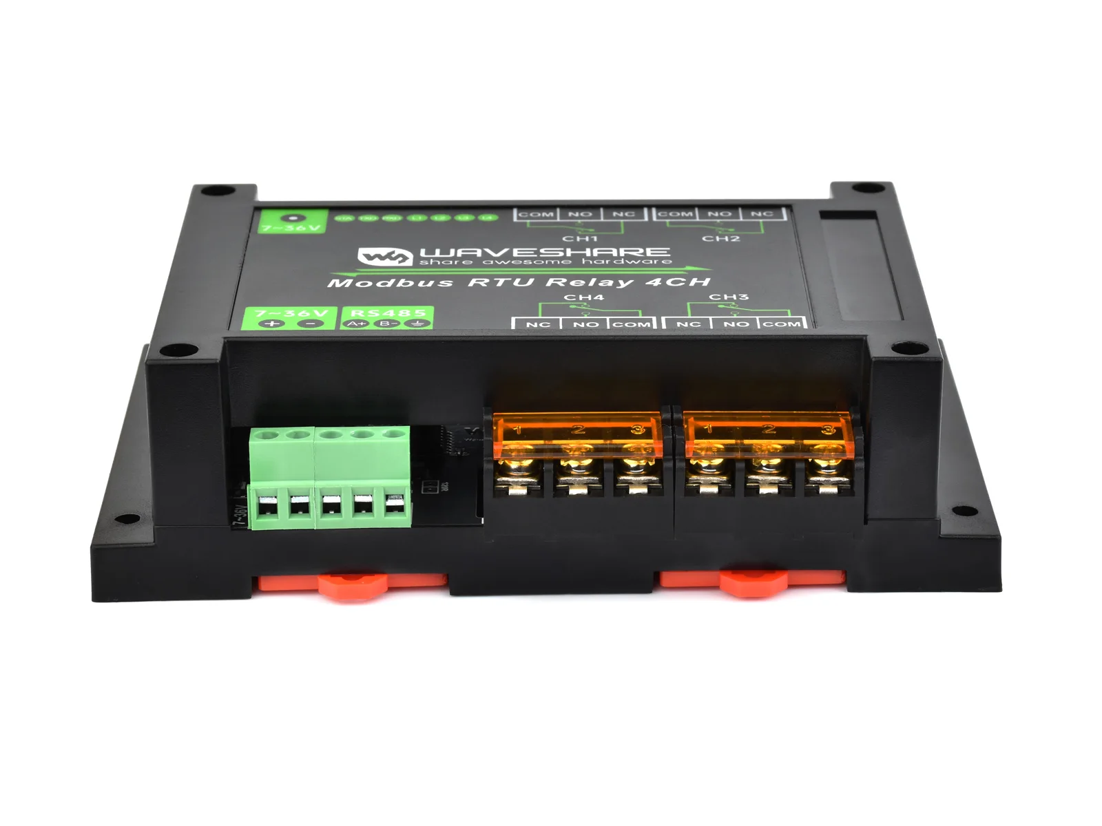 وحدة التتابع الصناعية Modbus RTU 4-ch مع واجهة RS485، تيار عالي 30 أمبير، مؤشرات LED على متن الطائرة، حماية متعددة العزلة