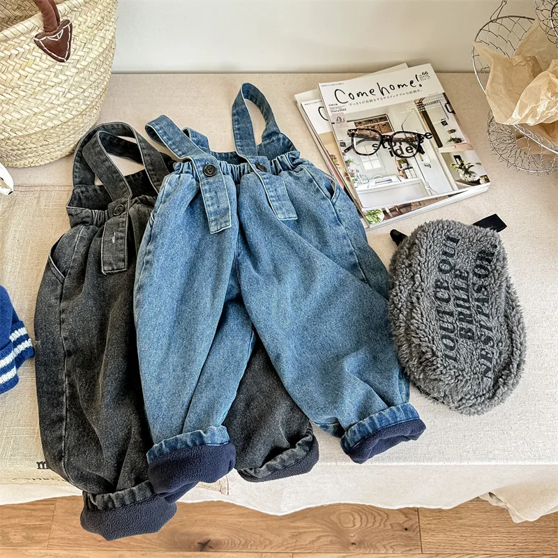 Winter Warm Kids Denim Overalls Fleece Lined Thick Baby Jumpsuit Romper Boys Girls Sleeveless Jeans Pants One Piece Outfit