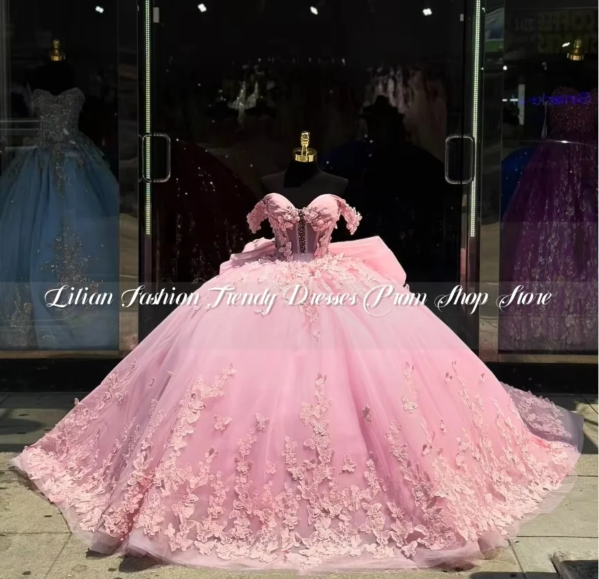 Różowa księżniczka Wykwintne 15 sukienek na quinceanerę Off Shoulder 3D Floral Applique Bow vestidos de 15 quinñera 2024 de lujo