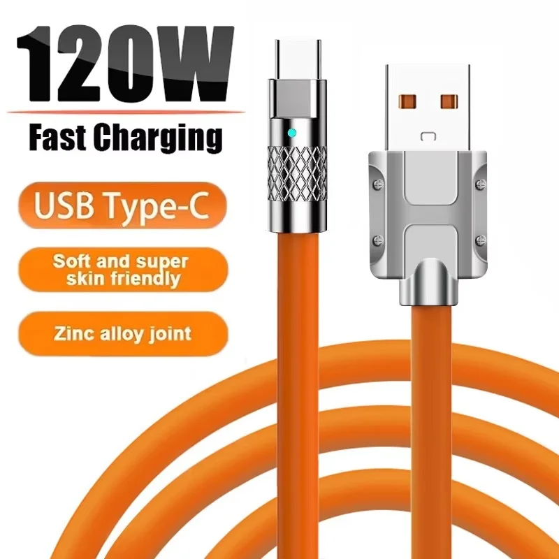 

120W 6A Type C Liquid Silicone Cable Super Fast Charging Data Cord Aluminum Alloy For Xiaomi Huawei Mobile Phone Charger Cord
