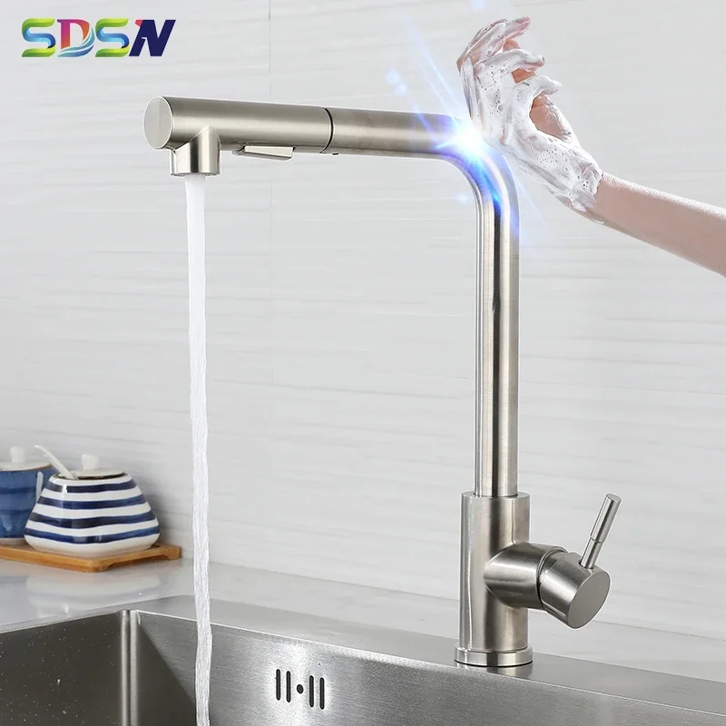 Sensitive Touch Kitchen Faucet Brushed Nickel Pull Out Kitchen Mixer Tap Hot Cold Water Tap Smart Sensor Touch Kitchen Faucet