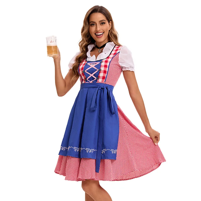 

Traditional German Plaid Dirndl Dress for Women Oktoberfest Costume Adult Beer Festival Cosplay Halloween Fancy Party Dress
