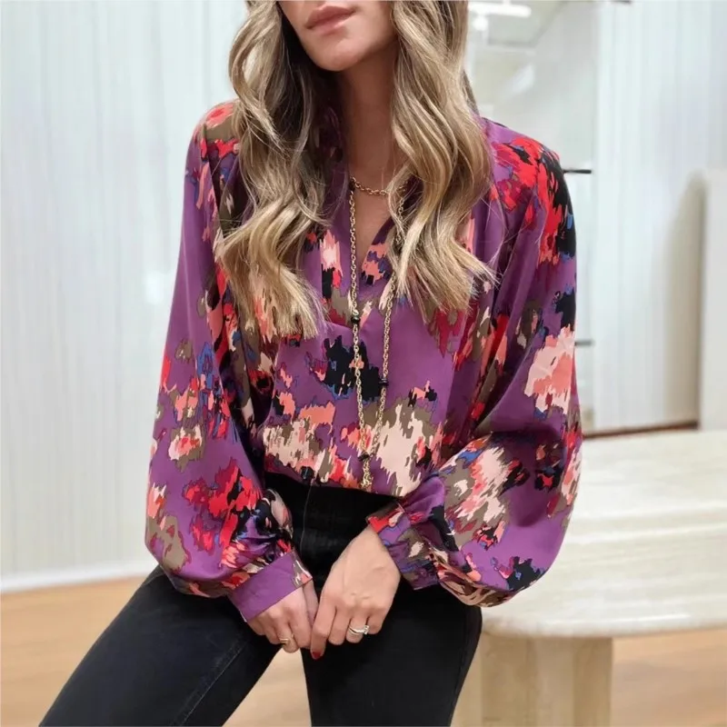 

2025 New European And American Women Casual Bohemian Abstract Print V-neck Lantern Long Sleeved Top Loose Pullover Women's Shirt