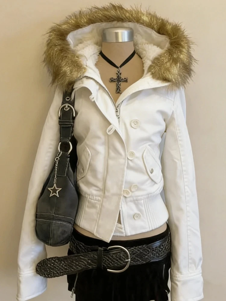 2026 Spring Retro Faux Fur Coats Women 2000s American Vintage Jackets Harajuku Gotihc Punk Clothing Jean Parkas Female Outwear