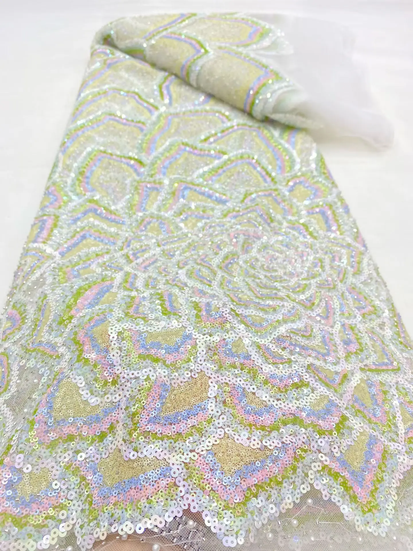 

African & French Lace Fabric Per Meter,5Yard White Mesh Tulle Fabrics With Sequin & Beaded, Suitable For Wedding Dresses Design