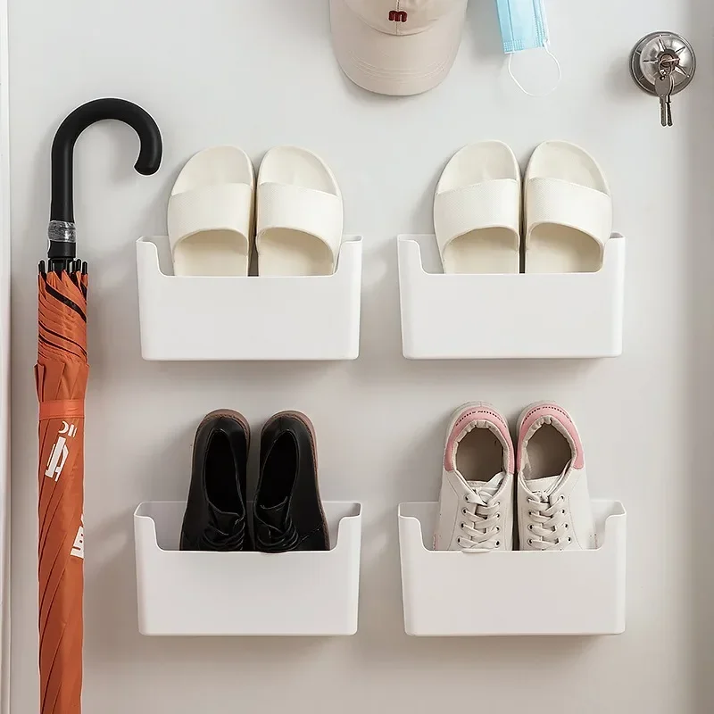 Wall Mounted Shoe Rack Organizer Punch-Free Adhesive Storage Box Entryway Slipper Holder Plastic Shoe Shelf Home Organization