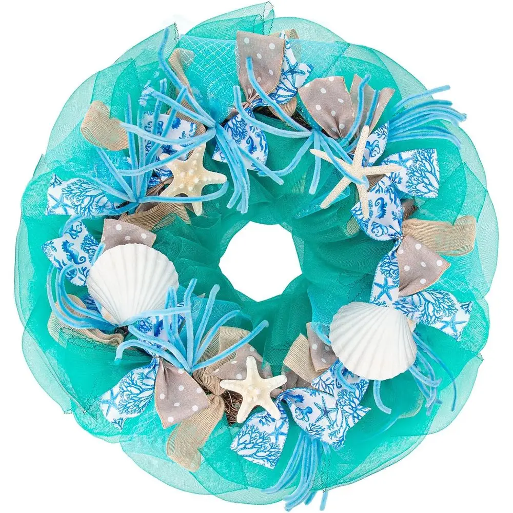 

26 Seashell Wreath with Starfish & Scallops, Lake Blue Beach-Style Door Decor for Spring/Summer