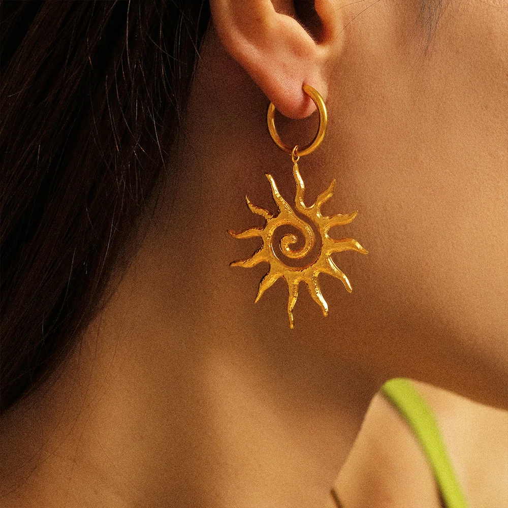 Liora Spiral Sun Pendant Necklace Dangle Earrings For Women Stainless Steel Snake Chain Charm Women Jewelry Sets Party Gifts