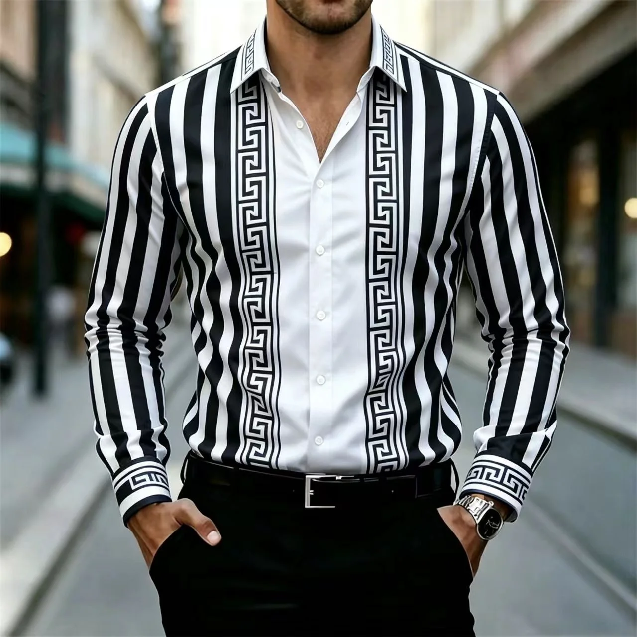 2027 New men's Geometric Stripe Print Pattern  Business Casual  Retro  Versatile  Comfortable And Fashionable