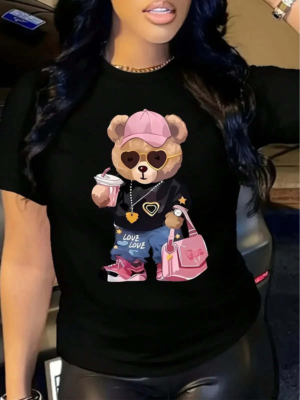 Women'S Cute Teddy Bear Graphic T-Shirt - Soft 100%, Breathable Crew Neck Short Sleeve Top - Casual Summer & Spring Wear With Stylish Bear Design - Machine Washable,Breathable And Comfortable Short-Sleeved Round-Neck Top