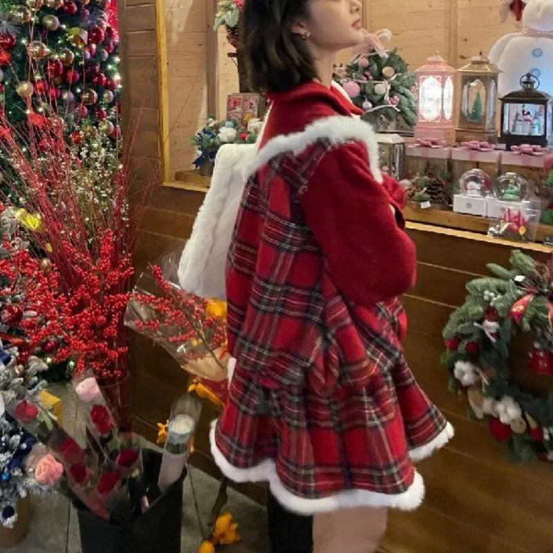 Korean Fashion Vintage Red Plaid Mini Dress Autumn Winter Christmas Kawaii Long-sleeved Doll Collar Plush Edge Women Short Dress