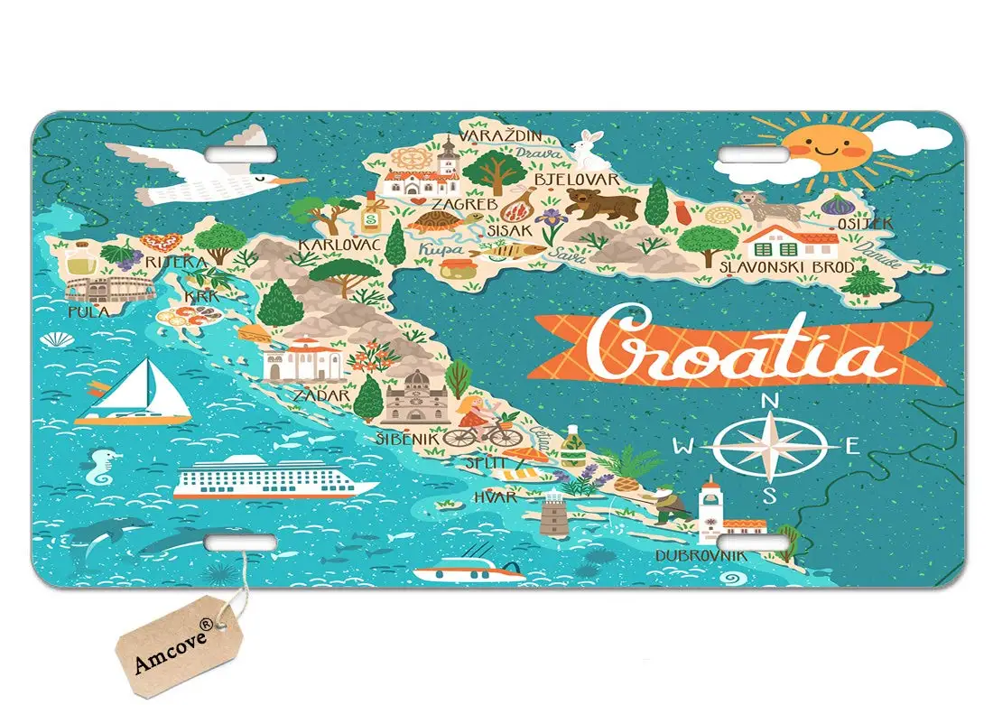 Map Metal sign, Croatia Map Travel with Croatian Landmarks Aluminum Metal Metal sign Car Tag Novelty Home Decoration for W